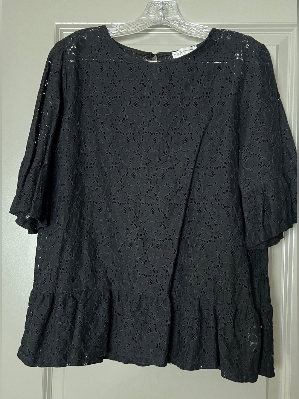 Neiman Marcus Black Eyelet Lace Short Sleeve Blouse